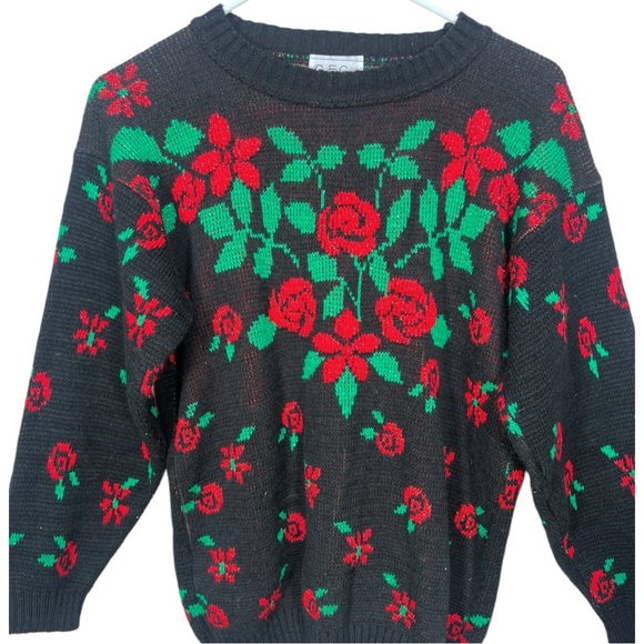 VTG G.F.C Ltd Black w/ metallic Red & Green Floral Acrylic Pullover Sweater - Picture 3 of 7